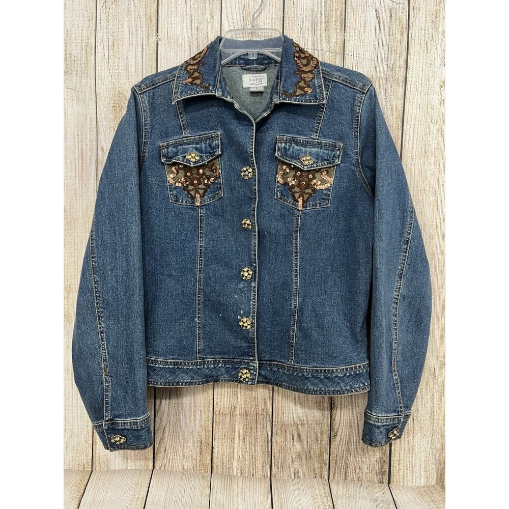 Vtg Women Embellished Denim Jean Jacket Sz‎ L Sequin Rhinestones Western Cowgirl